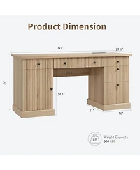 homfan 60" Fluted Modern Executive Desk with Charging Station, File Cabinet and Drawers