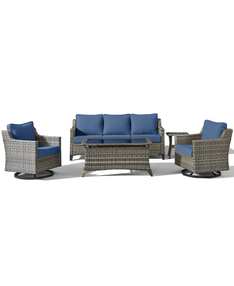 Pocassy Wicker Patio Furniture Set with Swivel Rocker Chairs Outdoor Wicker Sofa and Rattan Coffee Table, 5 Pieces Outdoor Conversation Sets