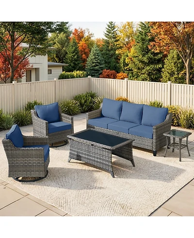 Pocassy Wicker Patio Furniture Set with Swivel Rocker Chairs Outdoor Wicker Sofa and Rattan Coffee Table, 5 Pieces Outdoor Conversation Sets