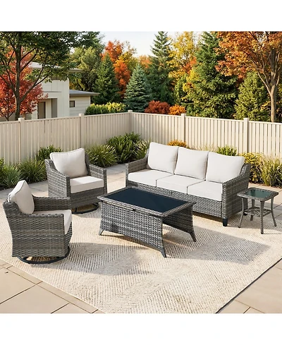 Pocassy Wicker Patio Furniture Set with Swivel Rocker Chairs Outdoor Sofa and Rattan Coffee Table, 5 Pieces Conversation Sets