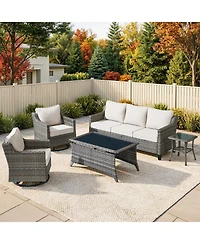 Pocassy Wicker Patio Furniture Set with Swivel Rocker Chairs Outdoor Sofa and Rattan Coffee Table, 5 Pieces Conversation Sets