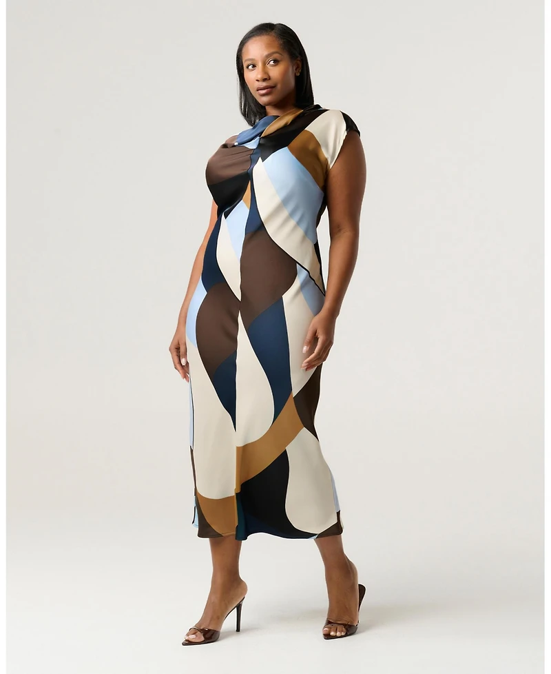 Estelle Women's Jorja Twist-Neck Print Satin Sheath Midi Dress