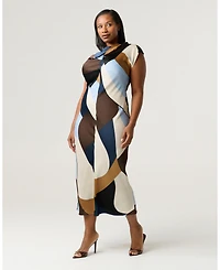Estelle Women's Jorja Twist-Neck Print Satin Sheath Midi Dress