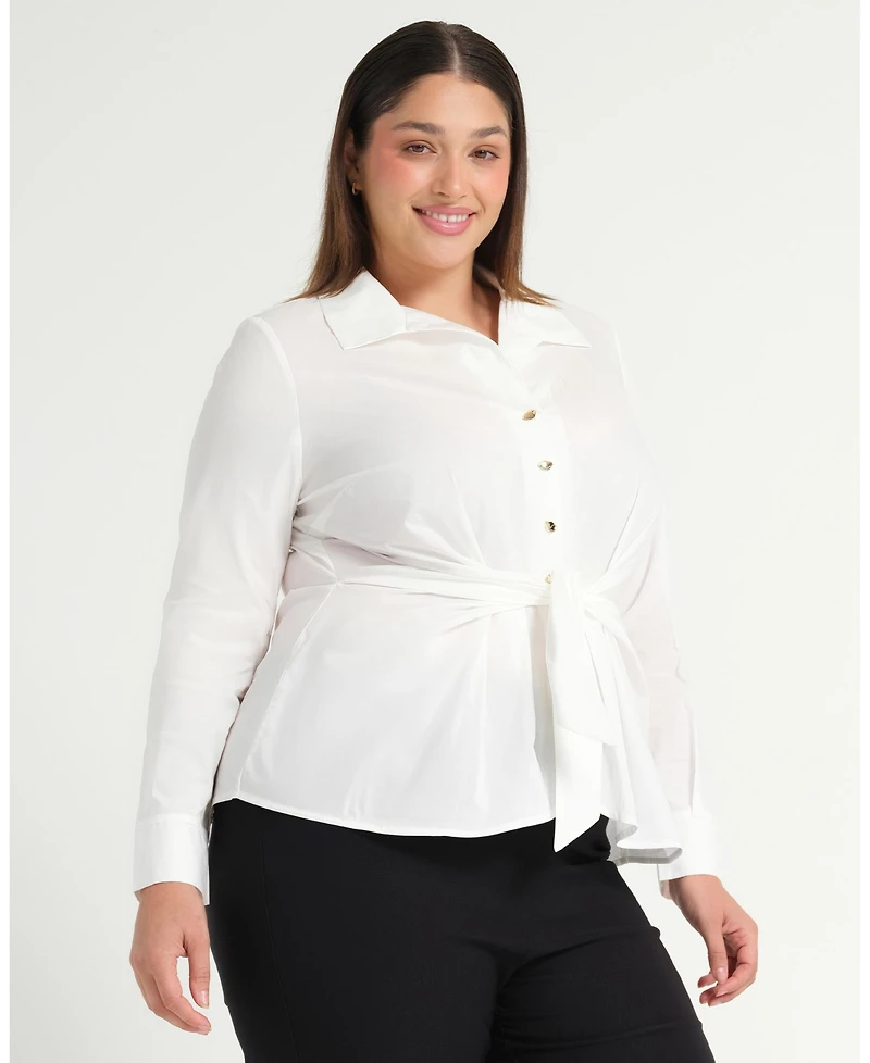 Estelle Plus Size Leo Collared V-Neck Button Tie-Front Shirt