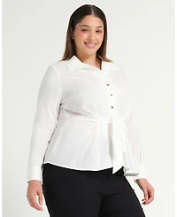Estelle Plus Size Leo Collared V-Neck Button Tie-Front Shirt