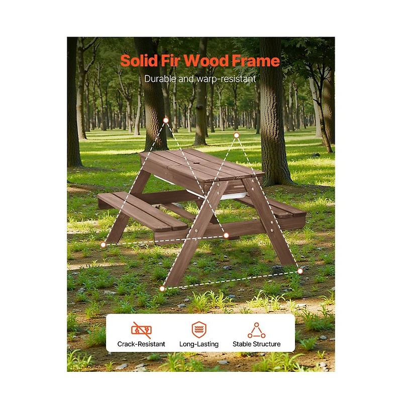 Sugift Kids Picnic Table 3-in-1 Wooden Bench Set with Sand Water Basin Umbrella