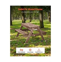 Sugift Kids Picnic Table 3-in-1 Wooden Bench Set with Sand Water Basin Umbrella