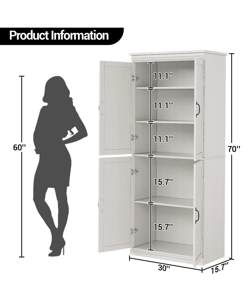 homfan Pantry Cabinet, Retro 4-Door Tall Cabinet, Engineered Wood with Adjustable Shelves