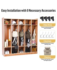 homfan 5-Section Wooden Coat Locker and 10 Storage Cubbies, Casters and Storage Boxes, Mobile Cabinet for school or Home
