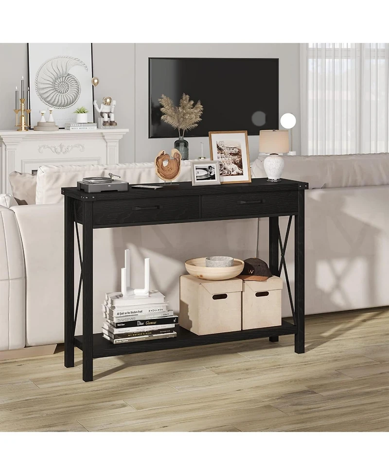 homfan Industrial Console Table, 2-Tier Narrow Sofa Table with Drawers and Open Shelf