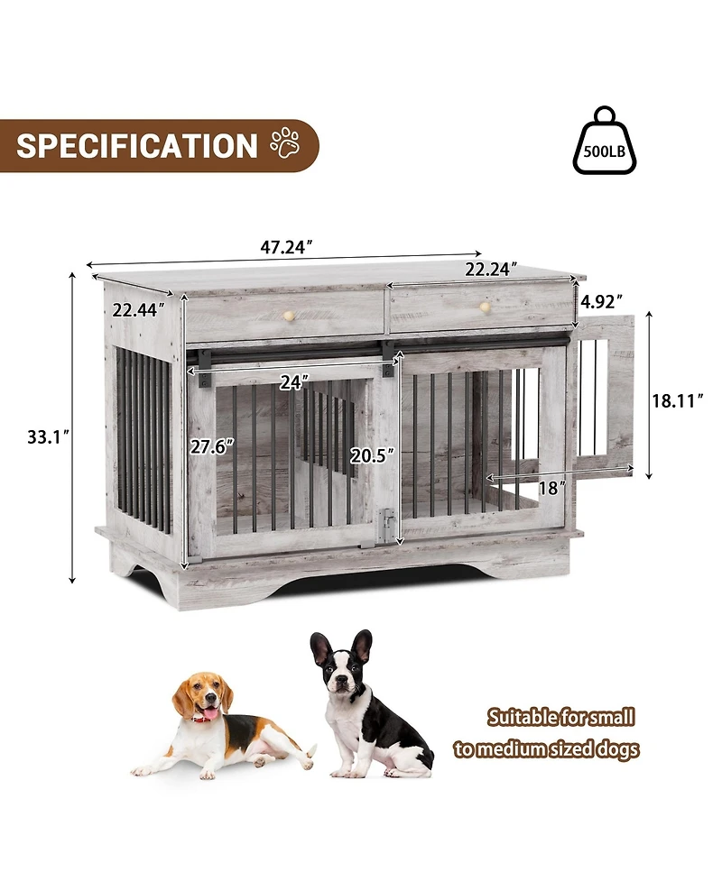 gaomon Dog Crate Furniture with 2 Drawers, Wooden End Table Indoor Dog House with Divider for Large Medium Small Dogs, Multi-Functional Tv Stand