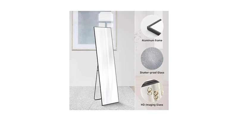 Busdays Floor Standing Mirror Wall Mirror with Stand Aluminum Alloy Thin Frame Rectangular