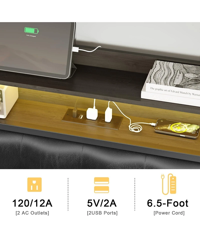 Hausource King/Twin Size Bed Frame with Storage Headboard & Charging Station Upholstered Platform Bed