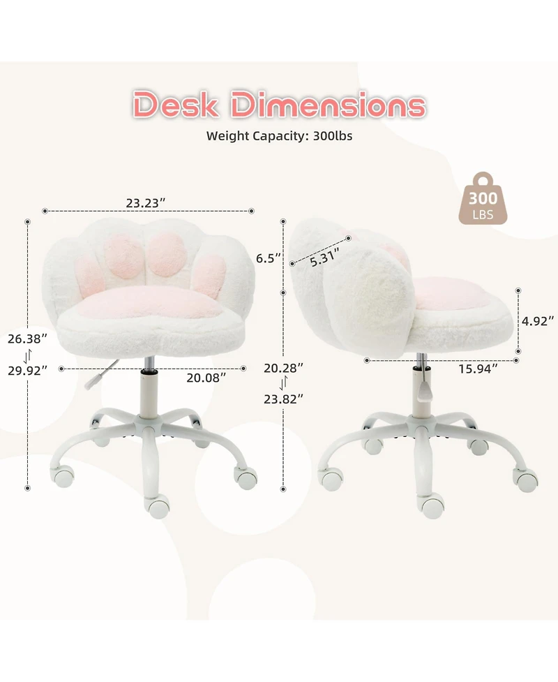 homfan Vanity Chair with Wheels, Cat Paw Back, 360degree(s) Swivel Height Adjustable Armless Chair, Teddy Fleece, Color-Blocking