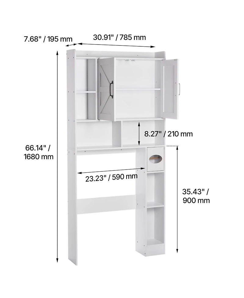 Busdays 66.14 Inch Height White Over The Toilet Storage Cabinet Bathroom Organizer with Double Door Adjustable Shelf and Open Shelf