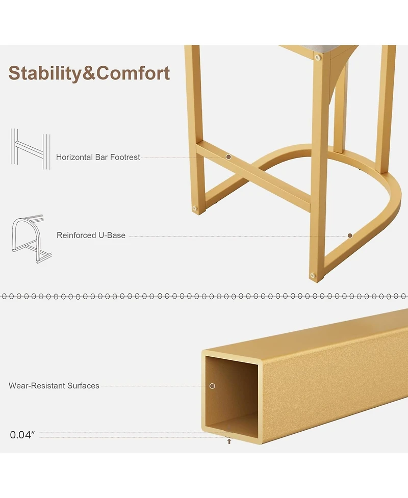 homfan Set of 8 Gold Bar Stools Counter Height Upholstered Curved Back Metal Frame Stools for Kitchen or Dining Room