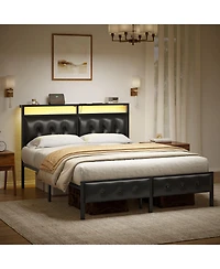 Hausource Queen Bed Frame with Storage Headboard & Charging Station Platform Bed No Box Spring Needed