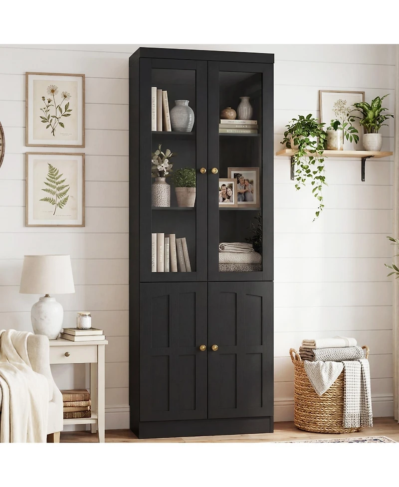 Aheaplus Storage Cabinet with Glass Doors, Wooden Bookcase with Shelves