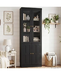 Aheaplus Storage Cabinet with Glass Doors, Wooden Bookcase with Shelves