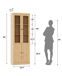 Aheaplus Storage Cabinet with Glass Doors, Wooden Bookcase Shelves