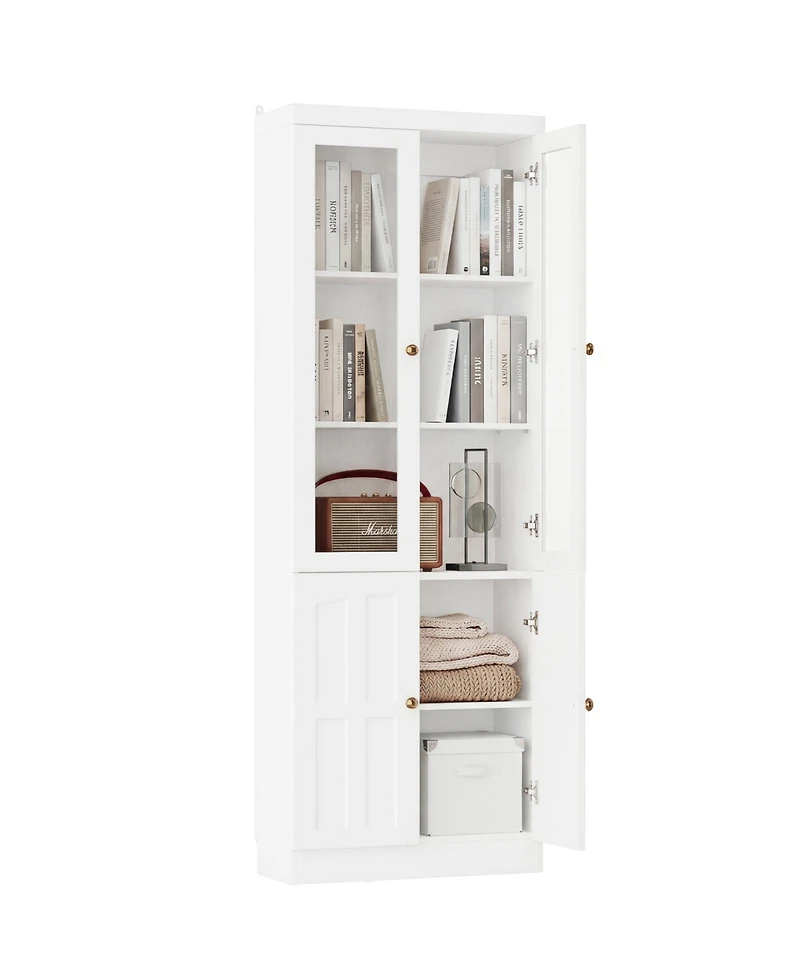 Aheaplus Storage Cabinet with Glass Doors, Wooden Bookcase with Shelves