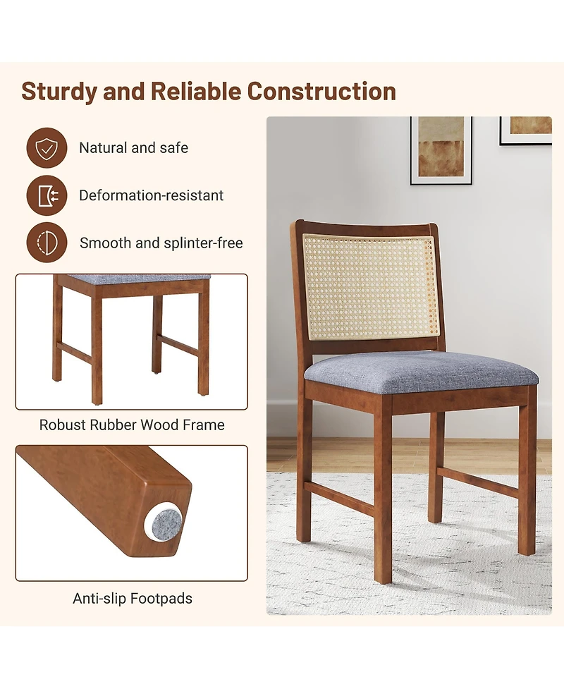 Gymax Rattan Dining Chair Set of 2 w/ Rubber Wood Frame Linen Fabric Padded Seat
