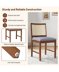 Gymax Rattan Dining Chair Set of 2 w/ Rubber Wood Frame Linen Fabric Padded Seat
