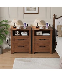 gaomon Set of 2 Farmhouse Nightstand 2 Drawers and Open Compartment, Charging Station, End Table for Bedroom or Living Room