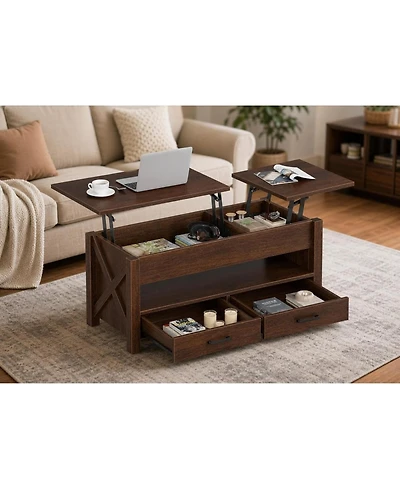 homfan Lift-Top Coffee Table with 2 Drawers, Hidden Compartment and Open Shelf, Convertible Living Room Center Table, Engineered Wood
