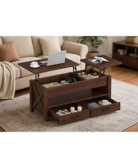 homfan Lift-Top Coffee Table with 2 Drawers, Hidden Compartment and Open Shelf, Convertible Living Room Center Table, Engineered Wood
