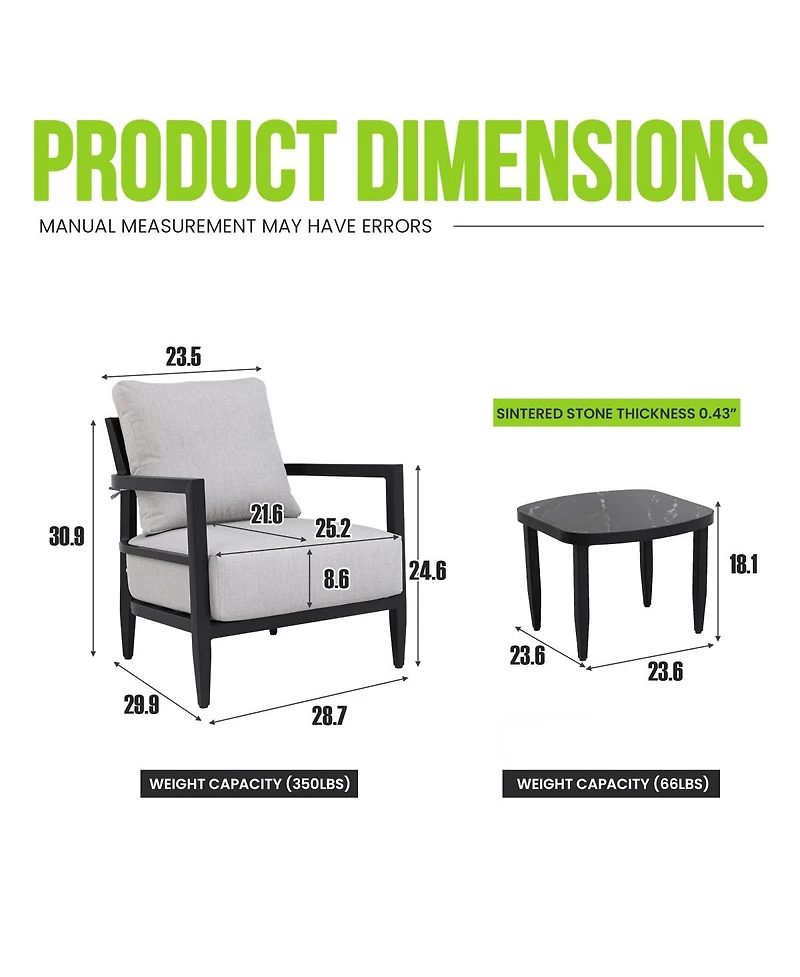 Asagikoiai 3-Piece Outdoor Aluminum Club Chair Set with Sintered Stone Table and Sunbrella Cushions