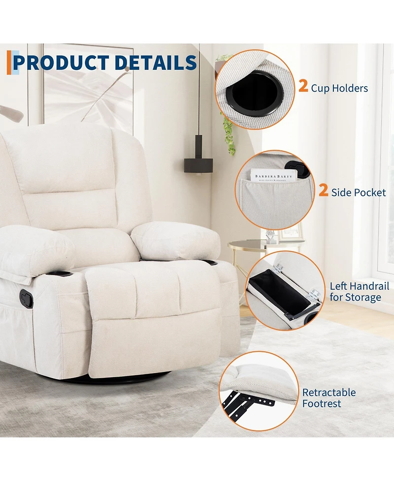 homfan Manual Swivel Recliner Chair with 360degree(s) Rocker Glider, Vibration Massage and Heat, Chenille Lounge for Living Room, Bedroom