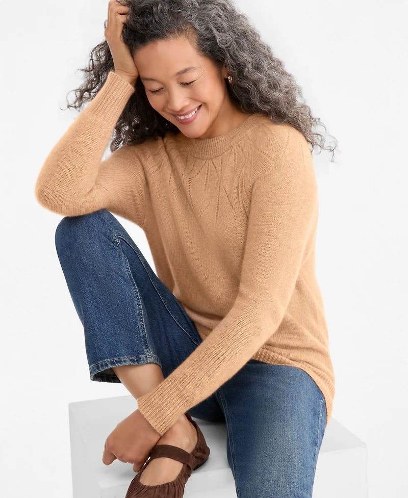 Charter Club Women's Placed-Pointelle Crewneck 100% Cashmere Sweater, Macy's Exclusive