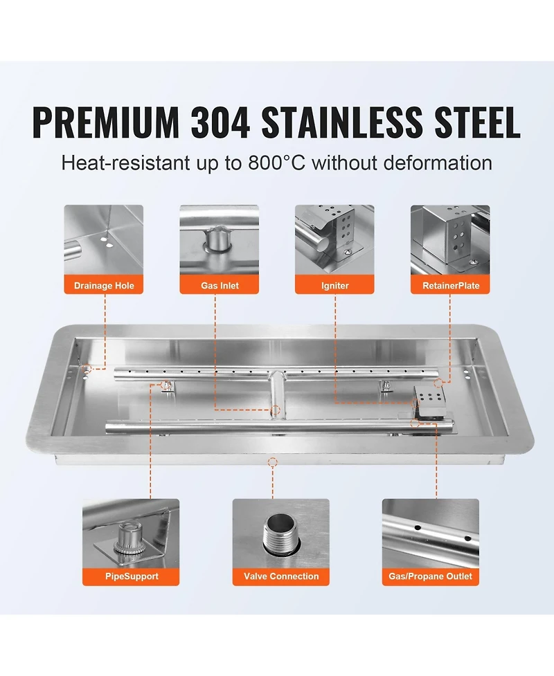 Cozito Drop-in Fire Pit Pan, Stainless Steel H-Burner Kit