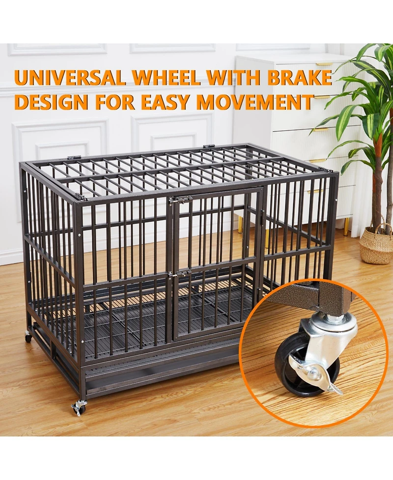 gaomon 47'' Heavy Duty Escape Proof Dog Crate and Kennel Steel Large Dog Cage with Doors, Lockable Wheels, Removable Trays, Waterproof Uv Cover