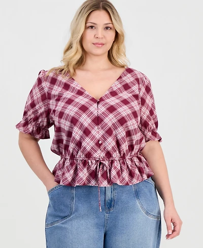 And Now This Trendy Plus V-Neck Button-Front Cotton Peplum Top, Macy's Exclusive