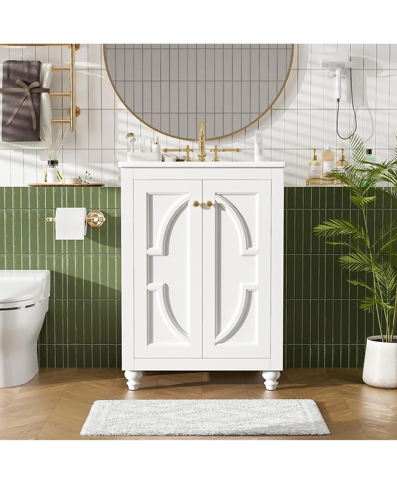 Busdays 24 Inch Modern Bathroom Vanity with Ornate Elliptical Motif Design Soft Close Hinges Back Open Structure Ball Turned Legs French Elegance