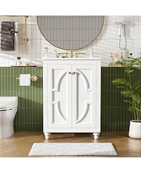 Busdays 24 Inch Modern Bathroom Vanity with Ornate Elliptical Motif Design Soft Close Hinges Back Open Structure Ball Turned Legs French Elegance