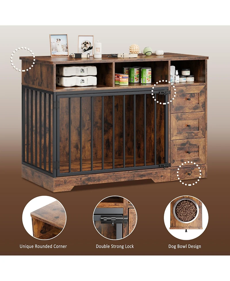 gaomon 48 Inch Large Dog Crate Furniture, Farmhouse Dog Kennel with Dog Bowl, 3 Open Drawers, Heavy Duty Dog Crate Table for Large Medium Dogs