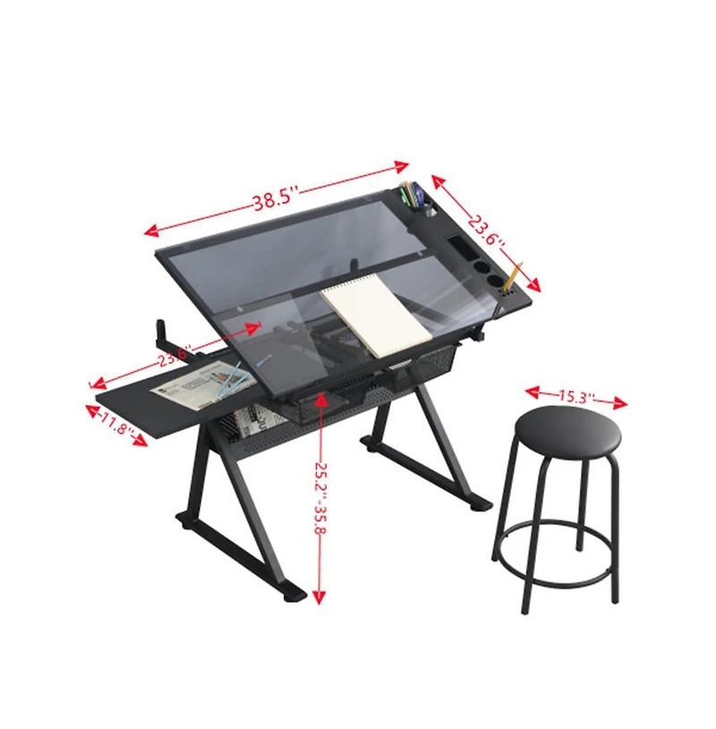 gaomon Drafting Table with Stool, Drawing Desk Adjustable Height and Tilting Glass Tabletop, Paintings Work Station for Studio, Home Office