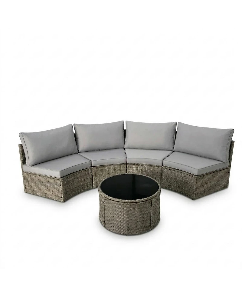Asagikoiai 5-Piece Half-Moon Wicker Outdoor Patio Sectional Sofa Set with Table