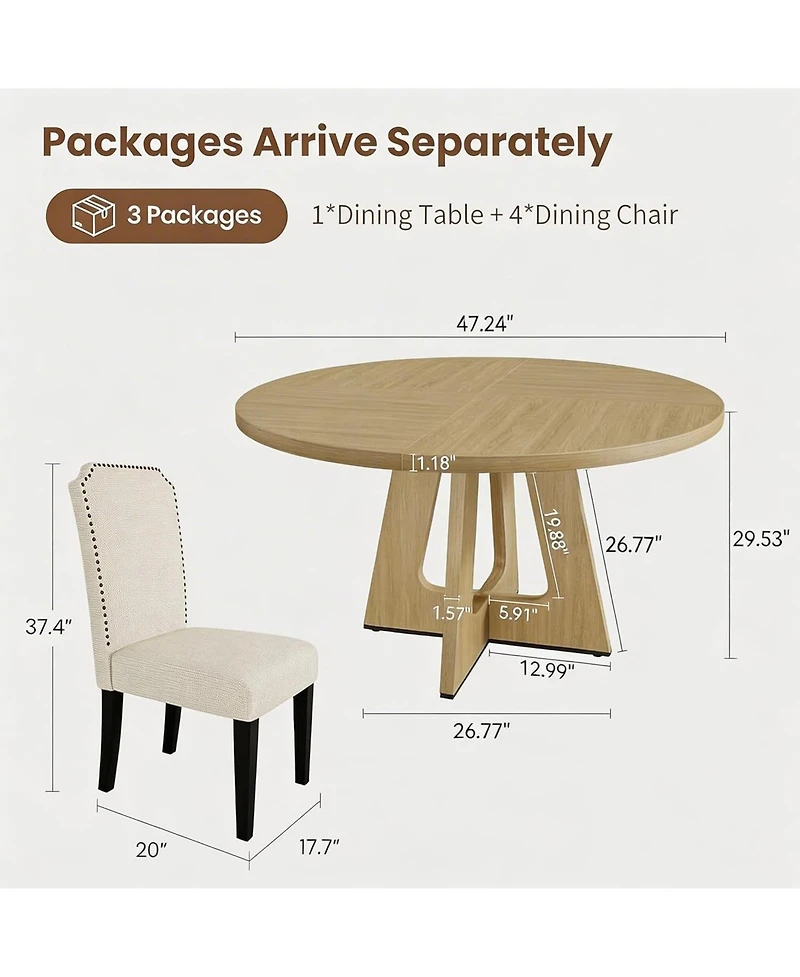 homfan 3-Piece Round Dining Table Set with 2 Chairs, 47.2" Space-Saving Kitchen Table for 4-6, Table and Beige Chairs
