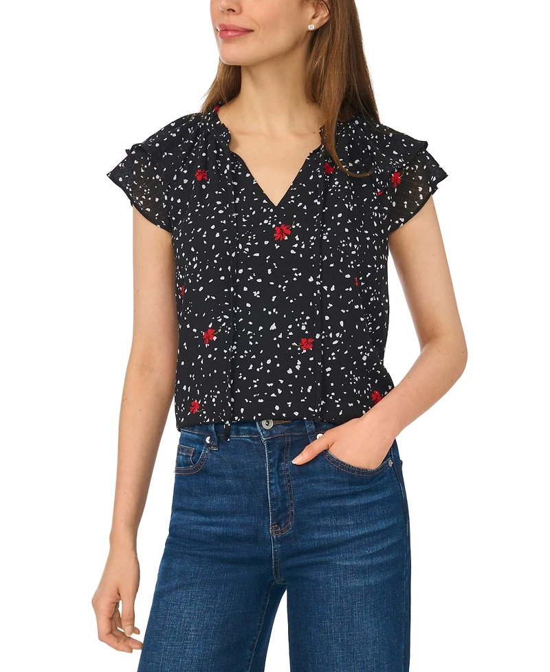 CeCe Women's Printed Flutter-Sleeve Tie Neck Top