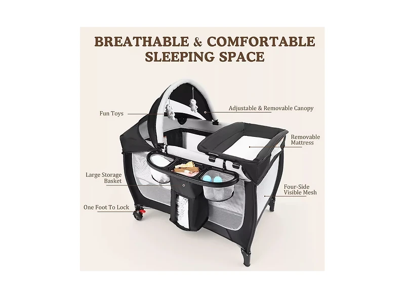 Kinder King 4-in-1 Portable Baby Playard with Bassinet, Changing Table and Canopy