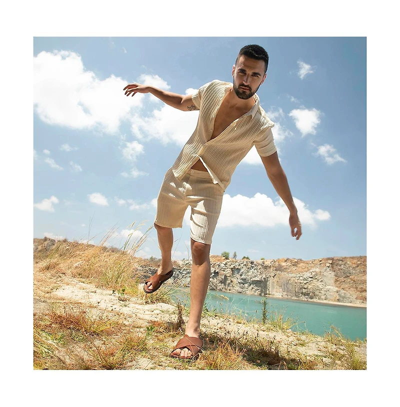 Campus Sutra Men's Pale Yellow Self-Design Striped Co-Ord Set