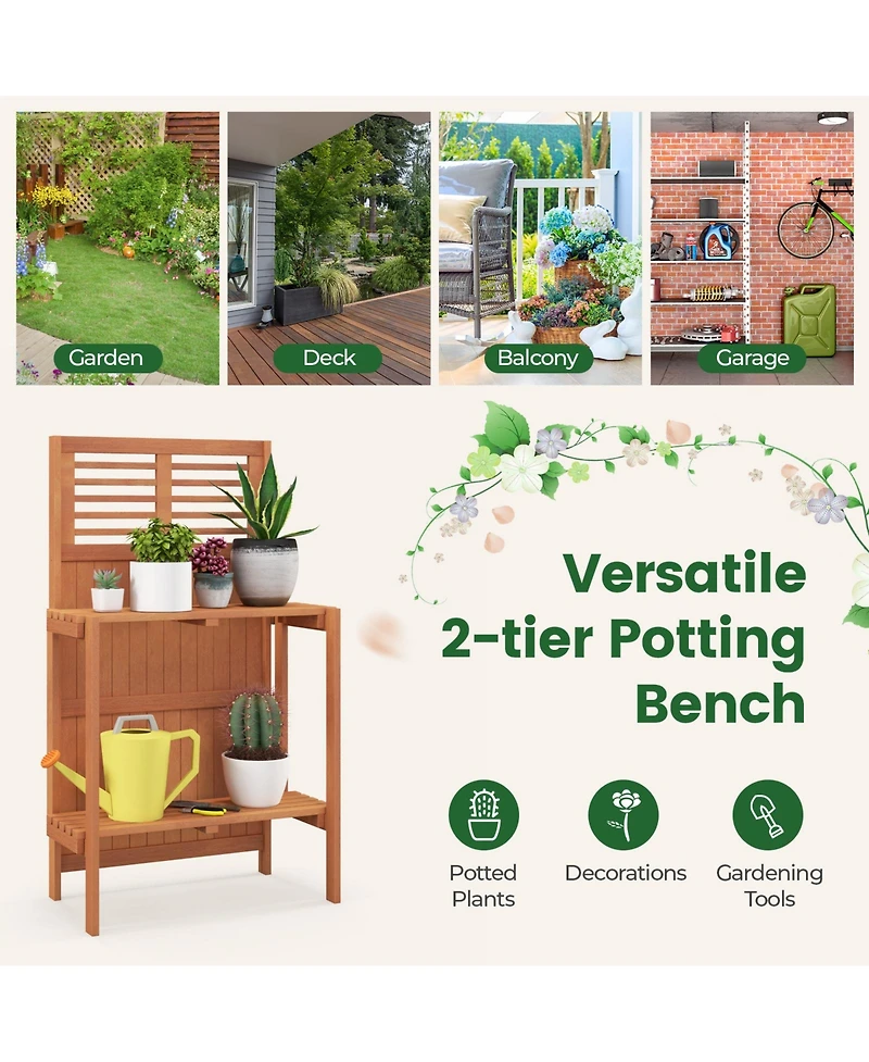 Sugift Folding Garden Potting Bench with 2 Tier Storage Shelves and Teak Oil Finish