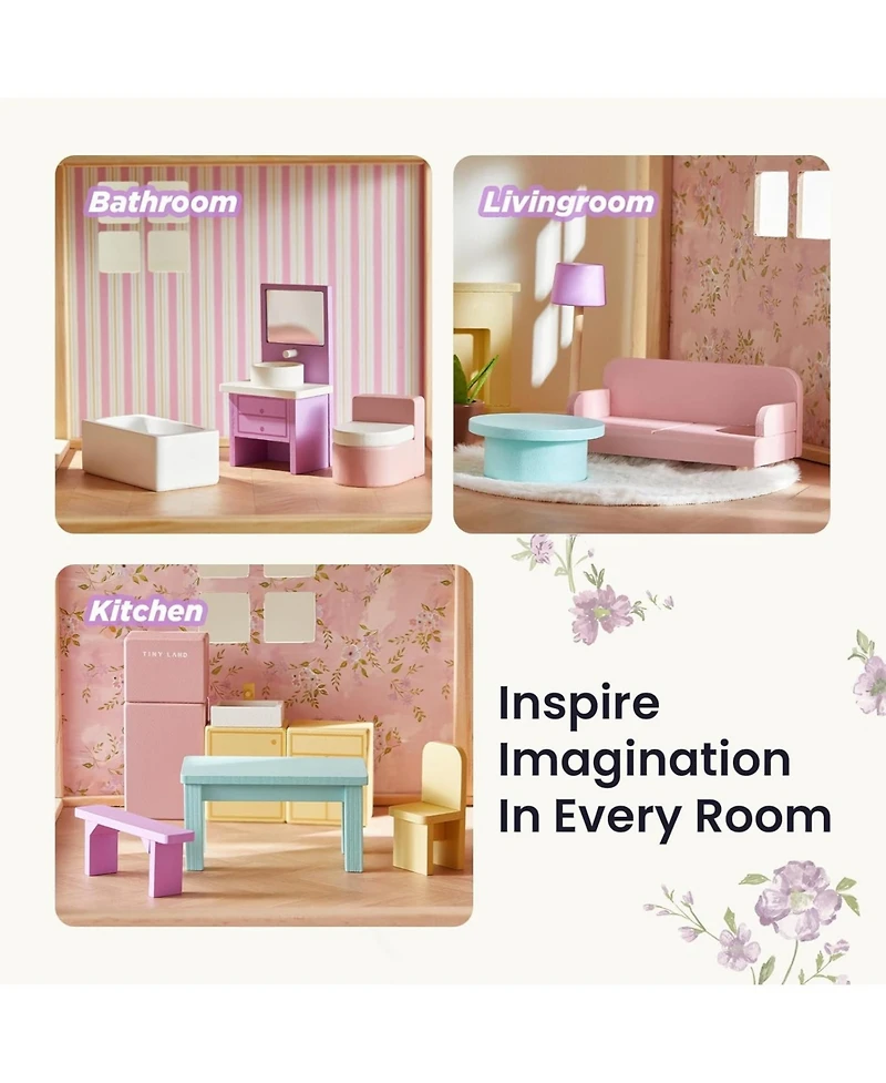 Tiny Land Wooden Dollhouse for Girls - Diy Pretend Play Doll House with 31Pcs Furniture Accessories