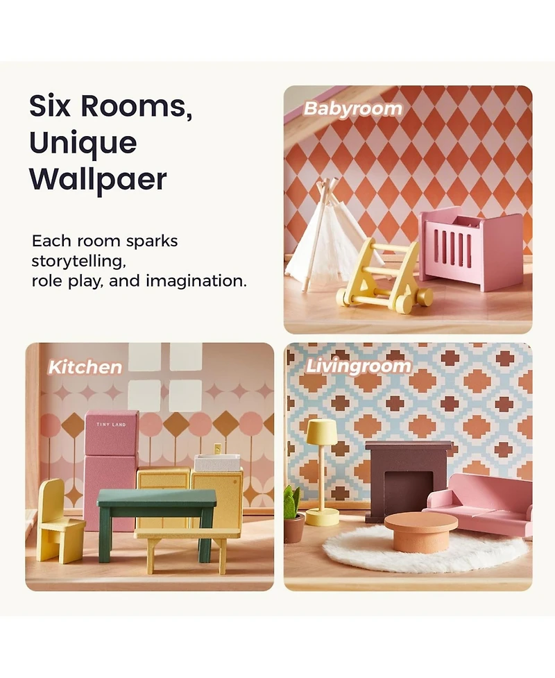 Tiny Land Wooden Dollhouse for Girls - Diy Pretend Play Doll House with 31Pcs Furniture Accessories