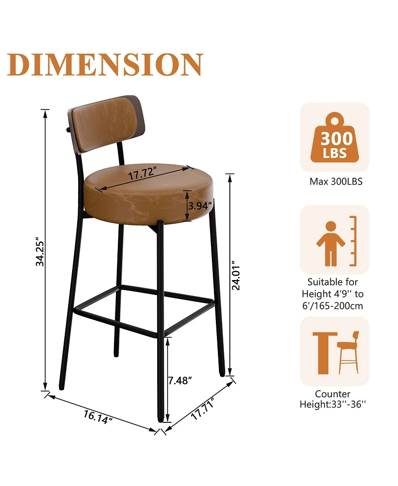 Dyhome 24 inches Bar Stools Set of 3, Counter Height with Leather Pad Wood Back