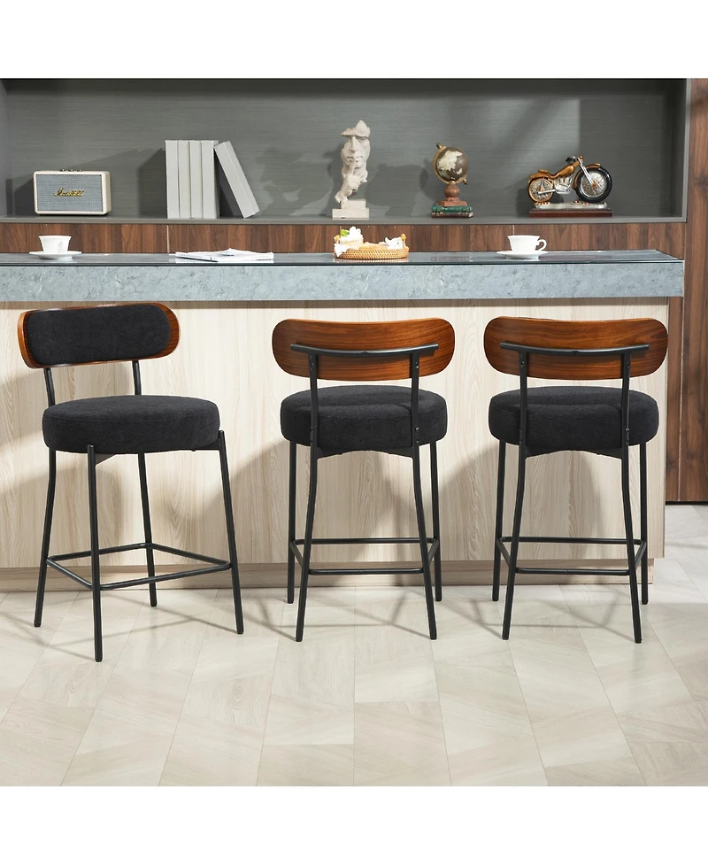 Dyhome 24 inches Bar Stools Set of 3, Counter Height with Boucle Fabric and Wood Back